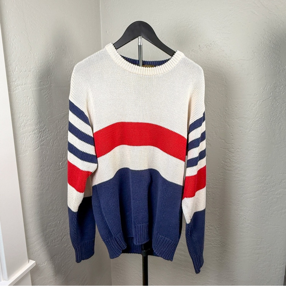 Vintage Eddie Bauer Cotton Patriotic Knit Sweater Red White Blue Stripe Size L
